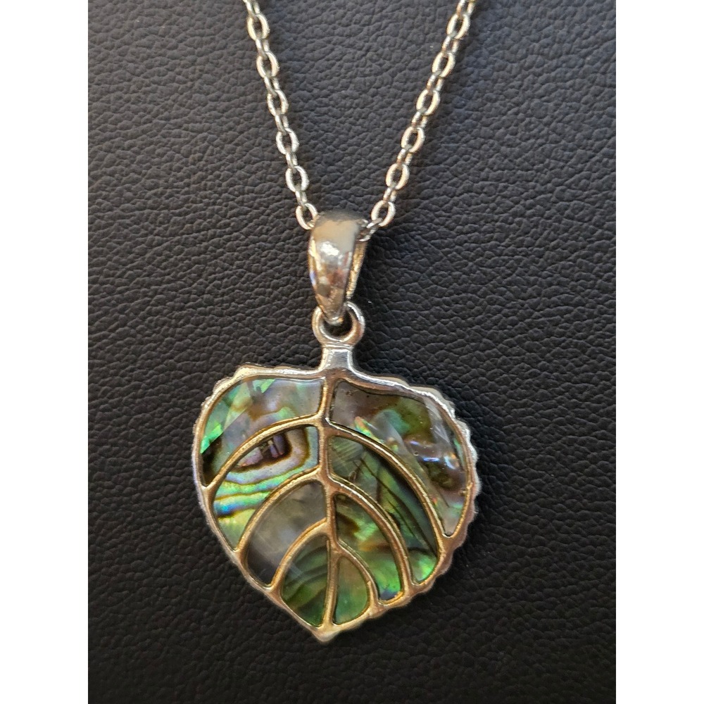 Abalone Shell Leaf Pendant Necklace Iridescent Nature Vintage